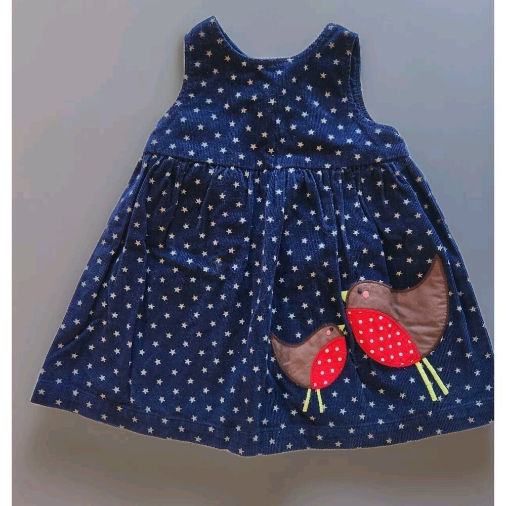 Baby Boden Navy Blue Star Corduroy Robin Bird Applique Pinafore Dress 3-6 Months